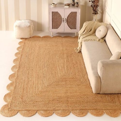 Scalloped Natural Jute Area Rug 6x9ft – Handwoven Natural Fiber Rug for Living Room, Bedroom, and Entryway, Rustic & Boho Style