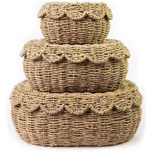 set of 3 wicker storage baskets with lid - decorative rattan baskets for organizing small hyacinth storage boxes with scalloped edges natural woven storage bins with lids - home & kitchen - Temu