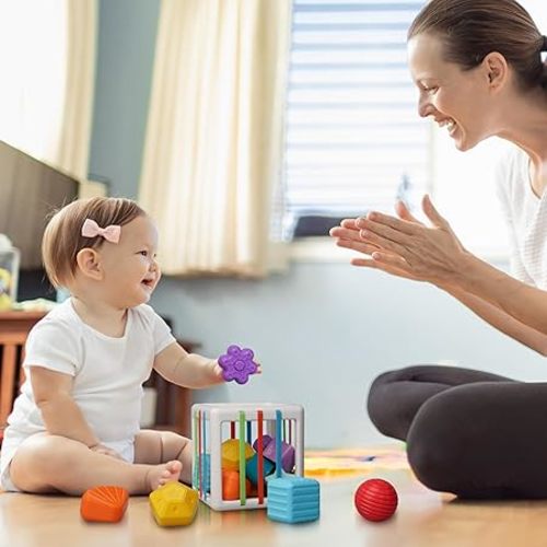 LiKee Toddler Montessori Toys for 1+ Years Old Boy Girl Birthday, Baby Infant Toys with 10pcs Sensory Blocks Shape Sorter, Colorful 1 2 3 Year Learning & Fine Motor Skills Toys for 18+ Months - Cube Sorter