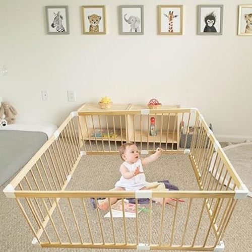 Wooden Baby Playpen, Shape & Adjustable Baby Fence for Toddlers and Babies, Large Baby Play Yards and Play Area for Infants, Safe Baby Gate for Kids Ourdoor and Indoor(8 Panels, 60x60 inches)