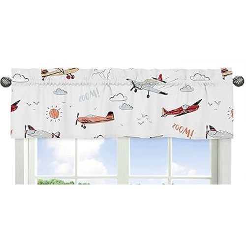 Sweet Jojo Designs Vintage Airplane Window Treatment Valance - Grey Yellow Orange Red White and Blue Airplanes Air Plane Transportation Clouds Sun Sky Aviator Aviation