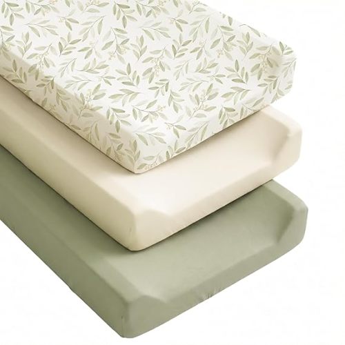 Konssy Silky Soft Changing Pad Cover 3 Pack, Ultra-Stretchy Diaper Changing Table Sheets, Breathable Snug Fit for Standard 32" x 16" Contoured Pads, Boho Neutral Sheets for Boys & Girls (Green Leaf)