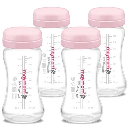Maymom 9 oz 4 ct Wide-Mouth Milk Storage Collection Bottle with Travel Cap n Sealing Ring; Compatible with Avent Natural Avent Classic Bottles, Motif Luna Bottles, Ameda MYA Bottle, Spectra Bottle