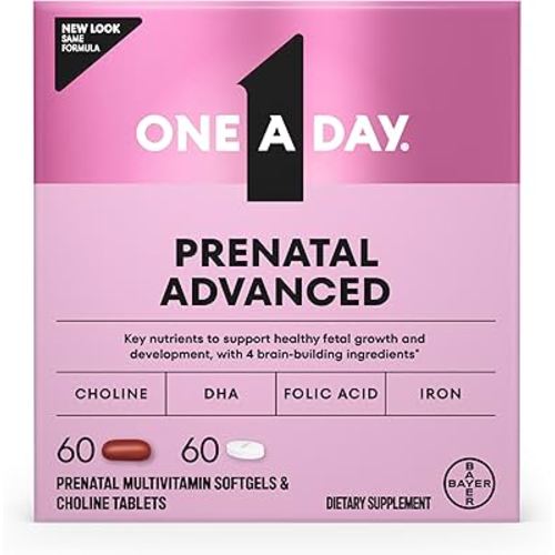 One A Day Prenatal Advanced- Prenatal Vitamins with Folic Acid, Choline, DHA & Iron, Pregnancy Vitamins for Women to Support Baby’s Development, 60+60 Ct (120 Total Set) (Packaging May Vary)