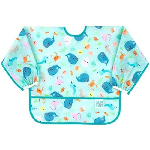 Bumkins Sleeved Bib Baby Bib, Toddler Bib, Smock, Waterproof Fabric, Fits Ages 6-24 Months - Ocean Life