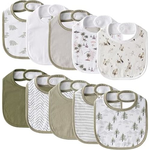 10 Pack Cotton Snap Bibs for Baby Boy Girl, Super Soft Drool Bibs for Teething and Feeding