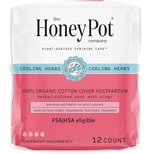 The Honey Pot Company - Herbal Postpartum Pads w/Wings - Infused w/Essential Oils for Cooling Effect, Organic Cotton Cover, & Ultra-Absorbent - 12ct