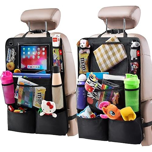 Helteko Backseat Car Organizer, Kick Mats Back Seat Protector with Touch Screen Tablet Holder, Back Seat Organizer for Kids with 9 Storage Pockets, Travel Accessories (2 Pack, Black)