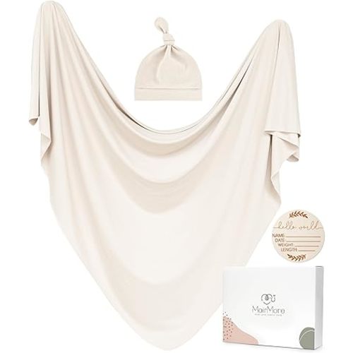 Baby Swaddle Receiving Blankets with Matching Beanie Set Newborn Nursery Swaddle Wrap for Baby Girls and Boys (Apricot)