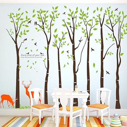 Giant Large Jungle 7 Brown Tree Wall Decal DIY Removable Vinyl Sticker Green Leaf Leaves Birds and Deer Wallpaper for Kids Girl Boy Bedroom Living Room Nursery Rooms Home Offices Walls 118" x 83"