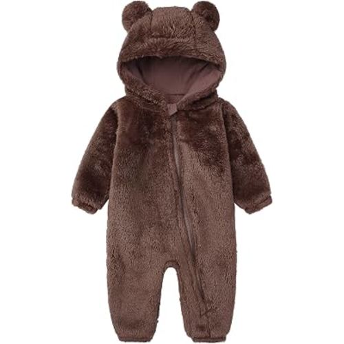 Baby Furry Jumpsuit Infant Bear Onesies Zipper Long Sleeve One-Piece Romper Hoodie Baby Outwear Snowsuit