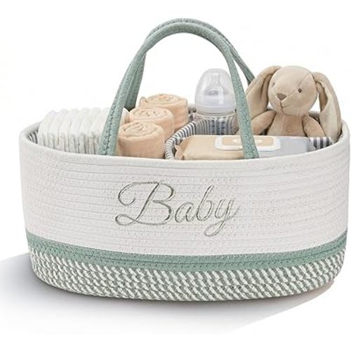 DUHEL Diaper Caddy Organizer with Handle,Baby Basket use for Diaper Organizer and Storage,3 Compartments-Cotton rope Material Storage for Home or Travel,Baby Newborn Essentials. (White Green-Baby)