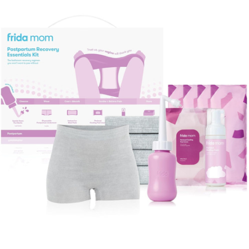 Frida Mom 11pc Postpartum Essentials Kit Gift Set, Hospital Bag Must Haves for New Mom, Includes 4 Disposable Postpartum Underwear, 4 Ice Maxi Pads, Perineal Healing Foam & 24 Pad Liners & Peri Bottle