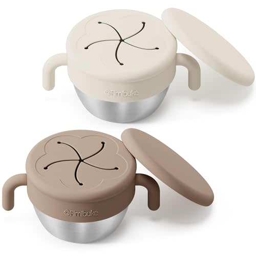 Fimibuke Snack Containers for Toddler Kids, 12 OZ Stainless Steel Snack Cup | Spill Proof Baby Cups w/ Removable Silicone Food Catcher, Handles & Travel Lid BPA-Free Dishwasher Safe Food Container 2 Pack