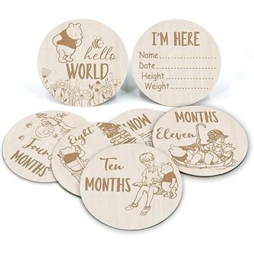 The Pooh Baby Bear Month Milestone Circles, Wooden Discs Stuff for Baby Photo Takens with Hello World Name Signs - 7Pcs Double Sided Signs- Laser Engraving