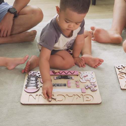 Customized Montessori Busy Board With Baby Name - Wooden Montessori Toy