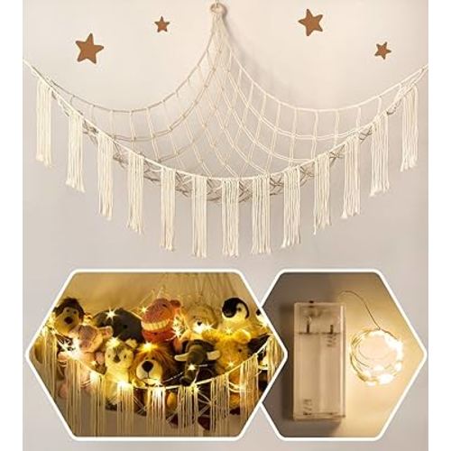 Stuffed Animal Hammock Corner with LED Light - Toy Storage Hammock Plushie Net Large - Cute Stuff Animals Holder Hanging Organizer - Baby Room Decor Kids Toddler Nursery Bedroom Boho