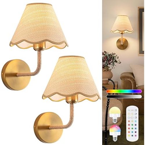 ADISUN Battery Operated Wall Sconce Set of 2, Gold Wall Lamps for Living Room, Rattan Shade, Dimmable, Wireless Wall Lights for Bedroom Living Room Hallway Kitchen(2 Bulbs Included)