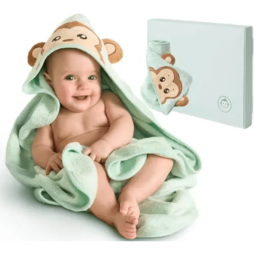 Bamboo Hooded Towels for Baby – Mint Green 35x35” | Soft Bamboo Rayon Cotton Bath Wrap for Newborns, Infants & Toddlers | Monkey Face Hooded Towel for Boys & Girls