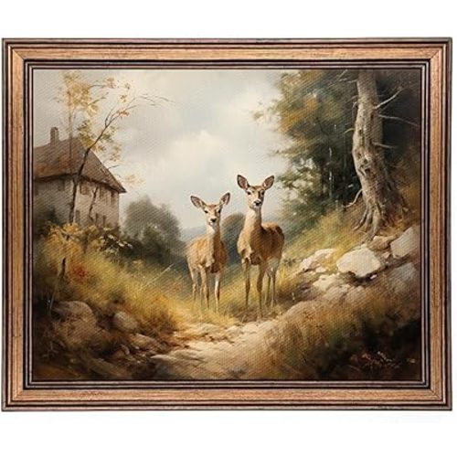 Framed Vintage Wall Art Classical Oil Painting Canvas Print Deers Country Road Bedroom Living Room Wall Decor (Deers, 10L x 8W)