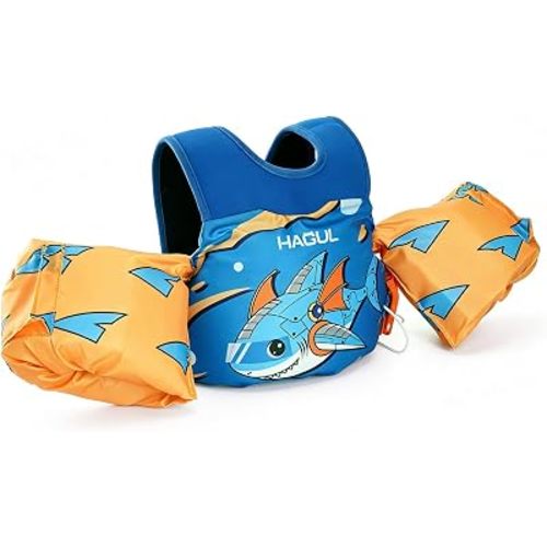 Kids Swim Vest with Arm Floaties, One Size Toddler Swim Jacket for Ages 3–6, Learning Float Vest for Pool & Vacation, Cute Shark & Mermaid Design
