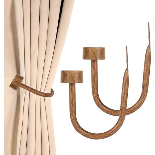 KAMANINA Curtain Holdbacks for Wall, Wood Grain Curtain Hooks Wall Mounted, Curtain Tiebacks Holders for Drapes, Modern Cap Finials (2 Pack)