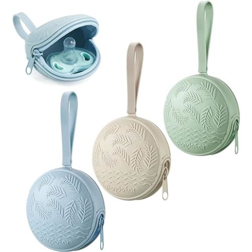 PandaEar 3 Pack Silicone Pacifier Holder Case, Portable Travel Pacifier Pouch for Newborns, BPA-Free Silicone Pacifier Storage Container for Boys & Girls (Green, Blue, Cream)