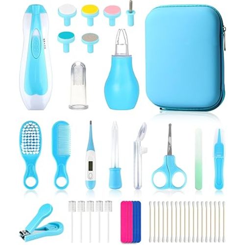 Baby Grooming and Healthcare Kit, Portable Baby Safety Care Set with Hair Brush Comb Nail Clipper Nasal Aspirator for Nursery Newborn Infant Girl Boy (31 in 1, Blue)
