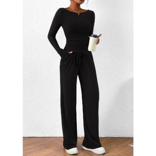 Women's 2 Piece Lounge Sets Asymmetrical Long Sleeve T Shirt Wide Leg Pants Casual Outfits Tracksui
