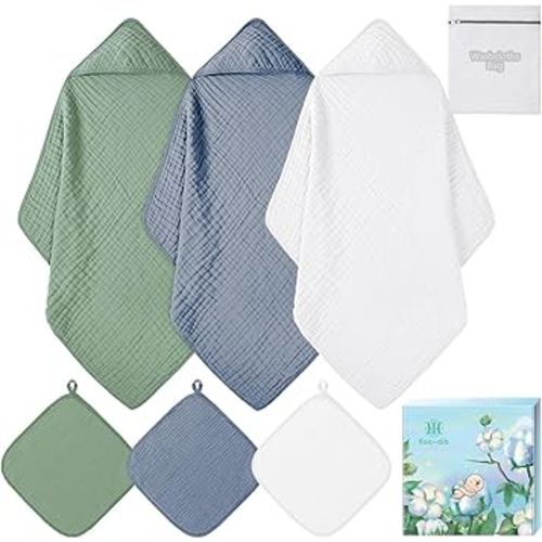 Koo-dib Soft Hooded Baby Towels for Newborn Babies 6 Pack 100% Cotton Muslin Baby Bath Towel with Hood, Absorbent Baby Bath Towels for Boys and Girls (Blue & Green & White) : Baby