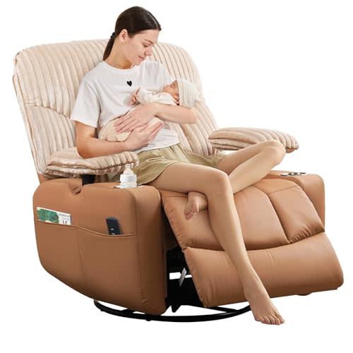 SUNWAVE Power Nursery Rocking Chair with Adjustable Armrests, Nursing Chair with USB, Cup Holders, Swivel Rocker Recliner with Corduroy and PU Leather Fabric