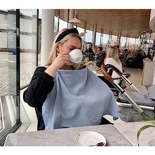 Nursing Cover for Breastfeeding with Wire | Breathable Soft Muslin Cotton | Baby Breast Feeding & Pumping Apron | Nurse Shawl | Multi Use Baby Car Seat Stroller Cover by TISU (Light Blue)