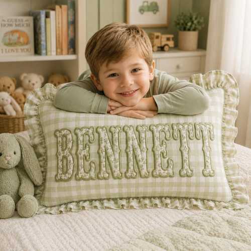 Custom Name Pillow Cover, Personalized Nursery Pillow, Ruffle Gingham Pillow, Embroidered Baby Pillow, Baby Shower Keepsake Gift