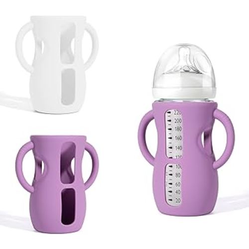 Silicone Sleeves for Avent Natural Glass Baby Bottles, BPA Free, Anti Breakage Baby Bottle Holder (Purple + White, 8 Ounce)