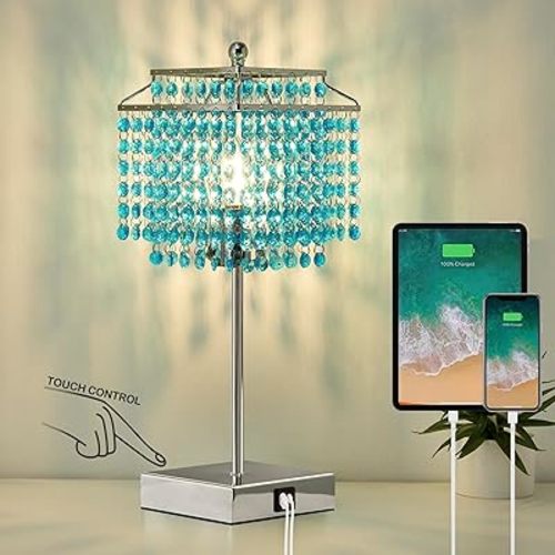 Luvkczc Crystal Table Lamp with Touch Control, Bedside Crystal Table Lamp with USB C+A Ports, Dimmable Lamp for Girls Bedroom, Living Room, Light Blue & B11 LED Bulb Included