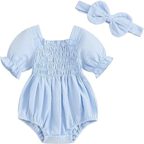 Infant Baby Girls Romper Ruffle Sleeve Pleated Smocked Bubble Floral Onesie Ruched Jumpsuit Summer Bodysuit