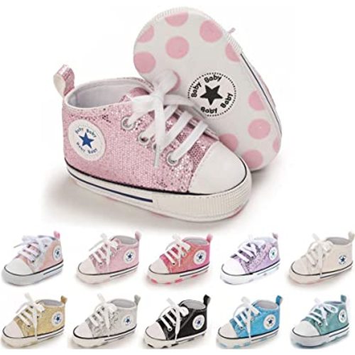 Meckior Baby Girls Boys Canvas Sneakers Soft Sole High-Top Ankle Infant First Walkers Crib Shoes
