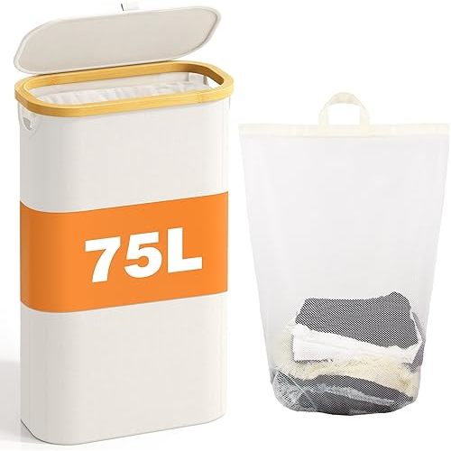 75L Slim Laundry Hamper with Lid, Dirty Clothes Hampers for Laundry, Collapsible Laundry Baskets for Small Spaces, Bedroom, Bathroom, Laundry Room, Beige