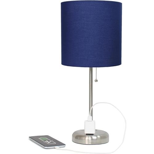 Simple Designs LT2024-NAV Brushed Steel Stick Table Desk Lamp with Charging Outlet and Drum Fabric Shade, Navy Blue Shade