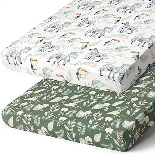 Pack n Play Sheets, BROLEX 2 Pack Mini Crib Sheets,Stretchy Portable Fitted Playard Sheet Set, Convertible Playard Mattress Cover,Ultra Soft Breathable Material,Zebra Forest