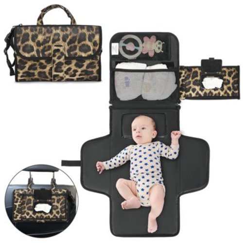 ILUVUE Portable Diaper Changing Pad, Modern Portable Changing Pad for Newborn Girl & Boy, Waterproof Travel Baby Changing kit for Moms & Dads - with Smart Wipes Pocket, Baby Gift Leopard