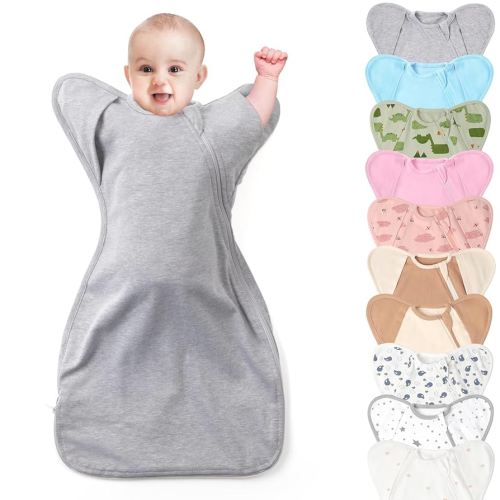 3-Way Wearable Swaddle Blankets Sleep Sacks with Arms Up, Hands Up Sleeping Sack Easy Diaper Changing Sleeping Bag for Baby Boy Girl Newborns Transitions to Arms-Free Calms Startle Reflex