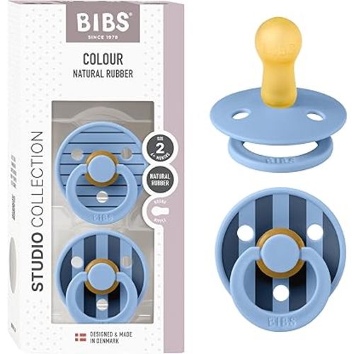 BIBS Pacifiers - Studio 2 Pack | Round Nipple Baby Pacifier | BPA Free Natural Rubber Latex Soother | Made in Denmark | Size 6+ Months | Pin Sky Blue