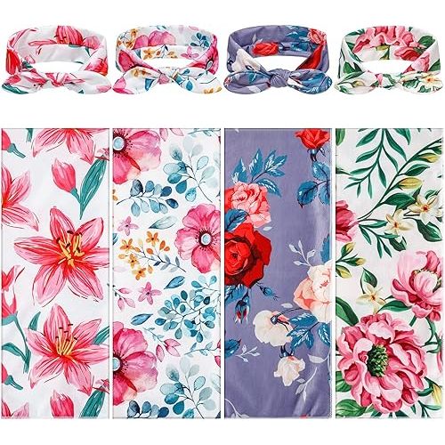 Moukeren 4 Sets Baby Swaddle Newborn Baby Receiving Blankets with Headbands Newborn Floral Printed Swaddle Blanket Infant Sleepsack Nursery Blankets for Gifts, 4 Design