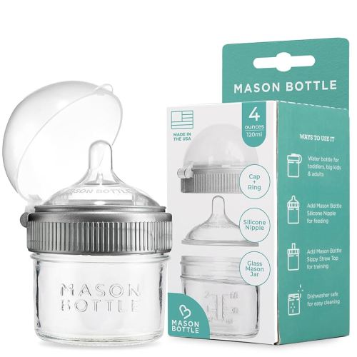 Mason Bottle 4oz Baby Glass Bottle with Breast Like Slow Flow Nipple, Cap+Ring - BPA Free, Non Toxic, Anti Colic Glass Baby Bottle, Glass Feeding Bottle for Babies