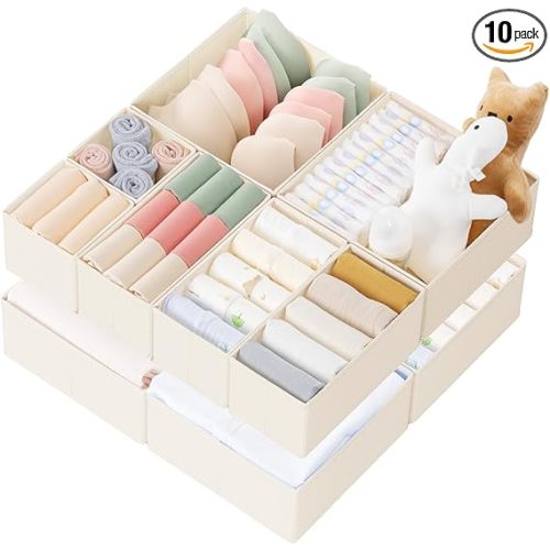 Criusia Drawer Organizer Clothes, 10 Pack Dresser Organizer for Baby Clothes, Underwear, Sock- Foldable Closet Organization and Storage Dividers Bins for Nursery, Bedroom (Beige)