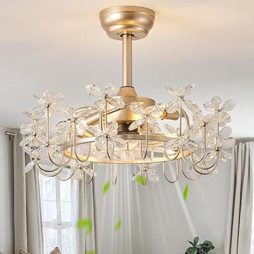 23" Gold Crystal Fandelier Ceiling Fans with Lights, Gold Flower Chandelier Ceiling Fan with Light Remote Control, Caged Mid Century with 6 Speeds for Bedroom, Nursery, Living Room