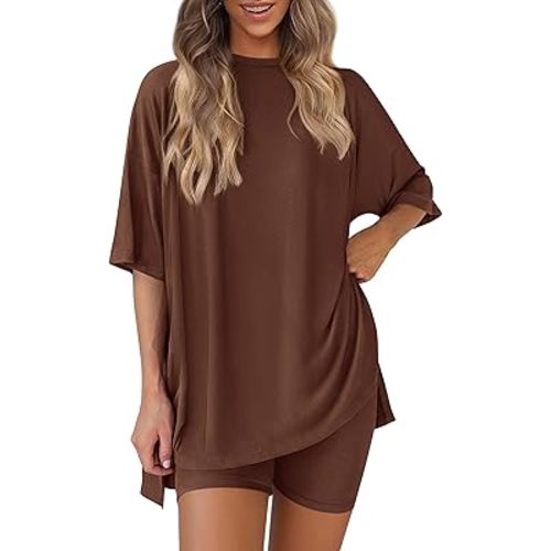 PRETTYGARDEN Women's Two Piece Lounge Set 2025 Summer Casual Oversized Shirts Biker Shorts Matching Airport Travel Outfit