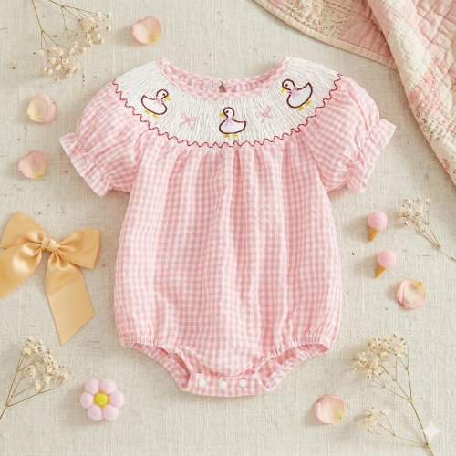 Smocked Baby Girl Plaid Romper | Embroidered Duck Summer Jumpsuit | Pink Gingham Bubble Sleeve Bodysuit