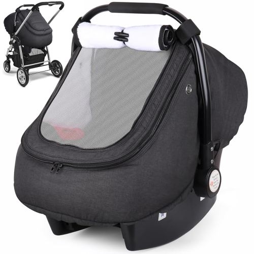 Rquite Car Seat Cover Baby, Carseat Covers Boy Girl, 2 Layers Window -Breathable Mesh & Wind/Sun Shade, Infant Car Seat Canopy Baby Carrier/Stroller Cover, Fit Spring, Fall, Winter, Cold Weather